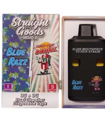 Straight Goods Supply Co. 6 Gram Dual Chamber Disposable Vapes – Blue Razz + Super Sour Diesel THC Distillate